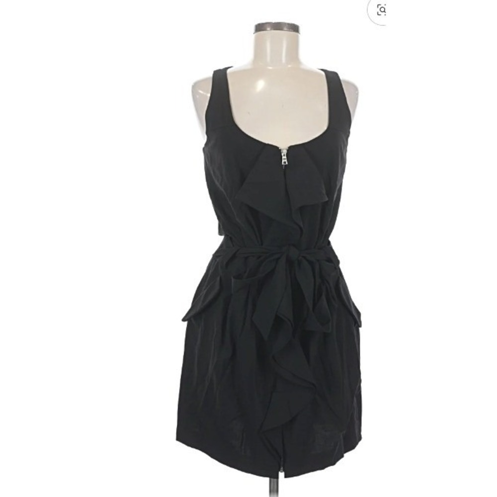 Cynthia Steffe Black Ruffle Zip Front Sleeveless Belted Sheath Dress Size 0